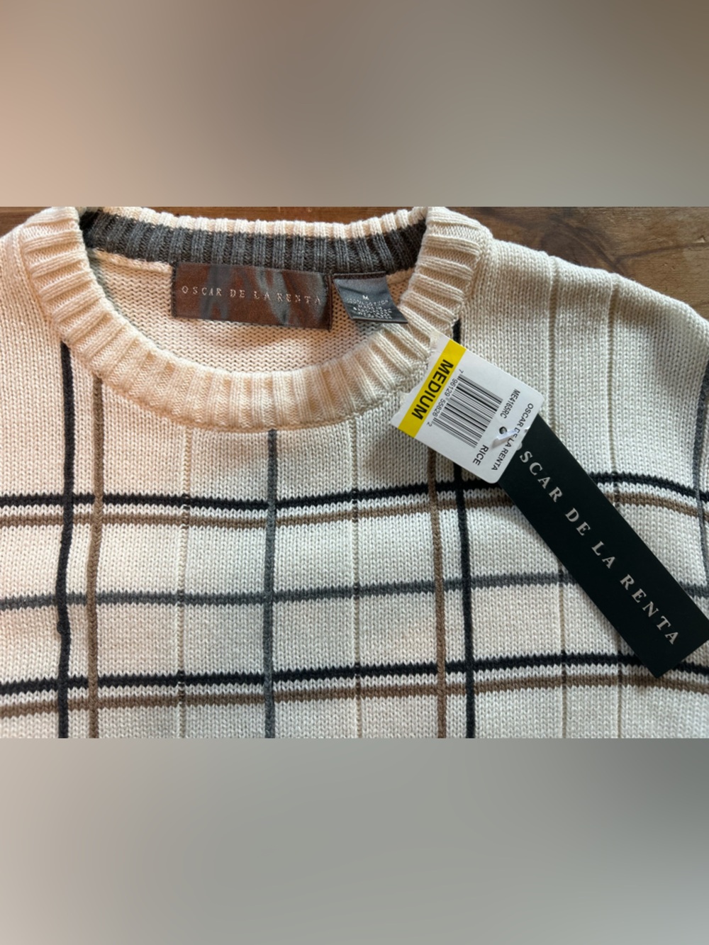 Oscar de la Renta Cream Crewneck Sweater with Black Windowpane